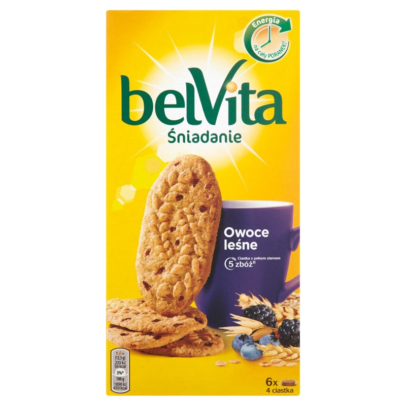 belVita Śniadanie Owoce leśne Ciastka z pełnym ziarnem 300 g (6 x 4 sztuki)